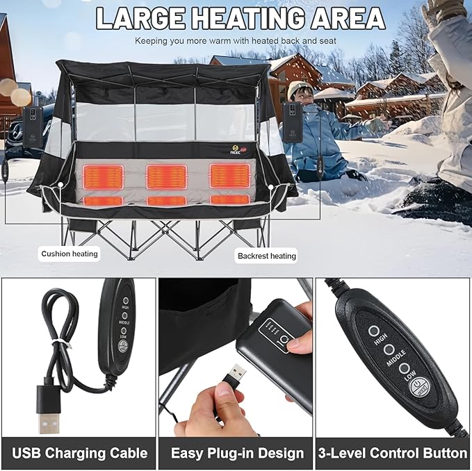 Nice C Heated 3 Person Camping Chair with Canopy Heated Double Camping Chairs with Battery Portable Oversized Padded Sports Umbrella Chair with Shade Cup Holder Cooler Bag for Lawn Outdoors