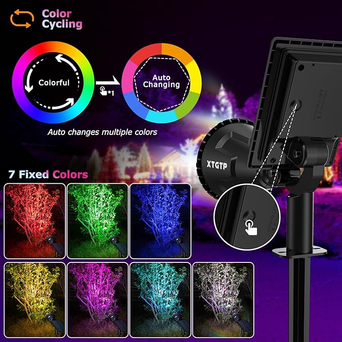 Color Changing Solar Spot Lights Outdoor 21 LEDs Brightness Solar Pathway Lights Outdoor IP67 Waterproof Exterior Solar Lights for House 2-in-1 Solar Flood Lights Outdoor for Yard