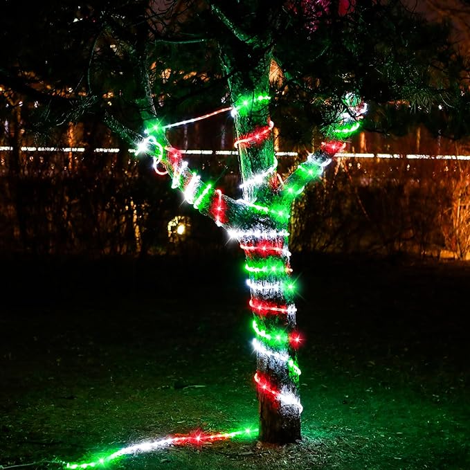 50ft 360 LED Waterproof Rope Lights 110V Connectable Indoor Outdoor Led Rope Lights for Deck Patio Pool Camping Bedroom Decor Landscape Lighting and More (RED+White+Green)