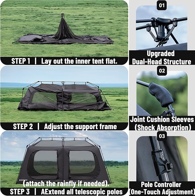 Blackdog 11㎡/116ft² 8-10 Person Camping Tent with Movie Screen 6 Door 2 Room Large Cabin Tent with 5-Sided Mesh Windows Waterproof Big Family Tents for Hiking