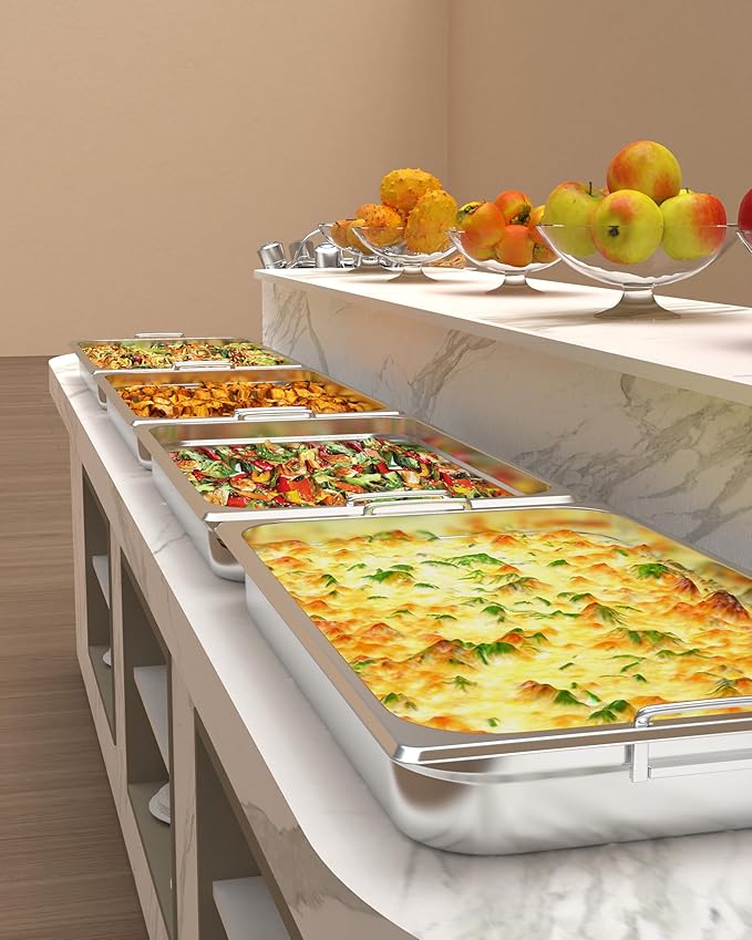6 Pack Full Size Hotel Pans 2.5 Inch Deep with Hand 304 Stainless Steel Steam Table Anti-Jam Commercial Food Pans for Steam Tables Restaurants Catering &amp Industrial Use