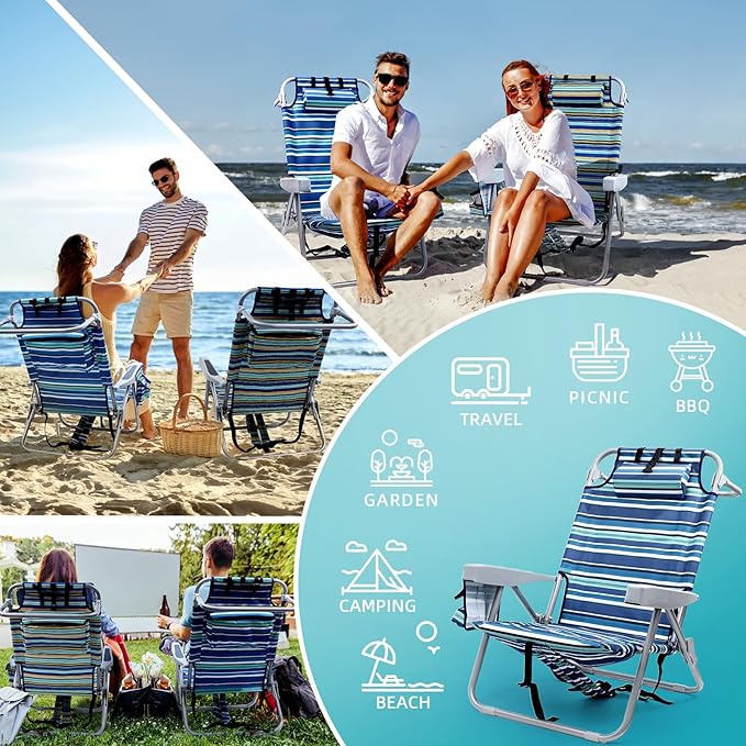 Beach Chairs for Adults Heavy Duty Compact Portable Lay Flat Folding Chair with Backpack Straps and Large Cooler Pouch Support to 350LBS (Stripes_Blue&ampCyan)