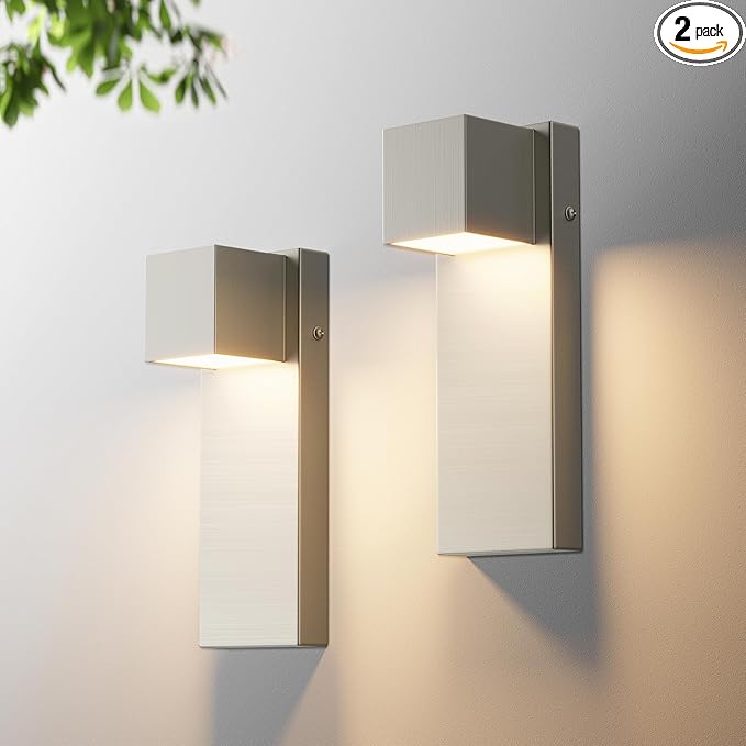 2 Pack 13 Modern Outdoor Led Wall Light16W 3000K 1200Lumen Porch &amp Patio Hardwired Wall Mount Wall SconcesExterior IP65 Waterproof Aluminum Wall Lamp for Front Door Garage Garden(Nickel)