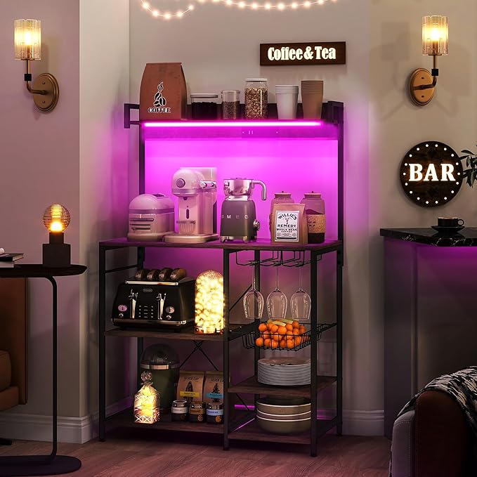 Rack with Power Outlet and LED Lights Bakers Racks for Kitchens with Storage Industrial Microwave Stand with Glass Holders Metal Basket Multiple Shelves Rustic Brown