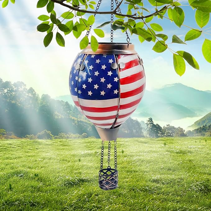 Glass Solar Hot Air Balloon Lantern with Flame Hanging Garden Flickering Light Outdoor Waterproof for Yard Patio Tree 4th of July Decorations Flag