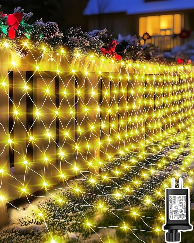 Coroor Christmas Net Lights 12ft x 5ft 360 LED Outdoor Mesh Lights with 8 Modes Waterproof Bush String Lights for Home Garden Yard Xmas Decorations Connecable Timer (Warm White)