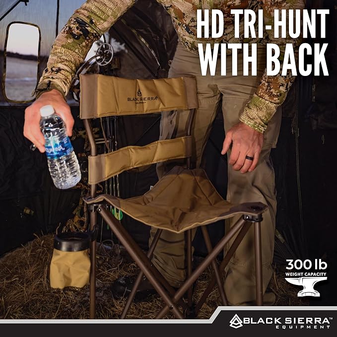 Black Sierra XL Tripod Hunting Stool Foldable Tripod Seat w/Steel Frame Supports 300 Lbs Heavy Duty Fishing Chair Features Cup-Holder &amp Carry Shoulder Strap for Camping (TAN 2)