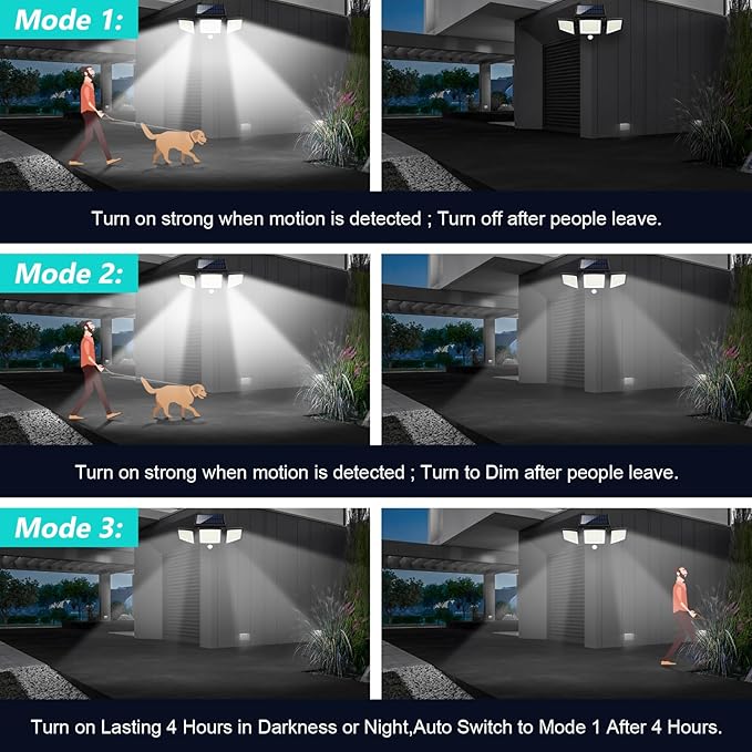 Tuffenough Solar Outdoor Lights 2500LM 210 LED Security Lights with Remote Control3 Heads Motion Sensor Lights IP65 Waterproof270° Wide Angle Flood Wall Lights with 3 Modes(3 Packs)