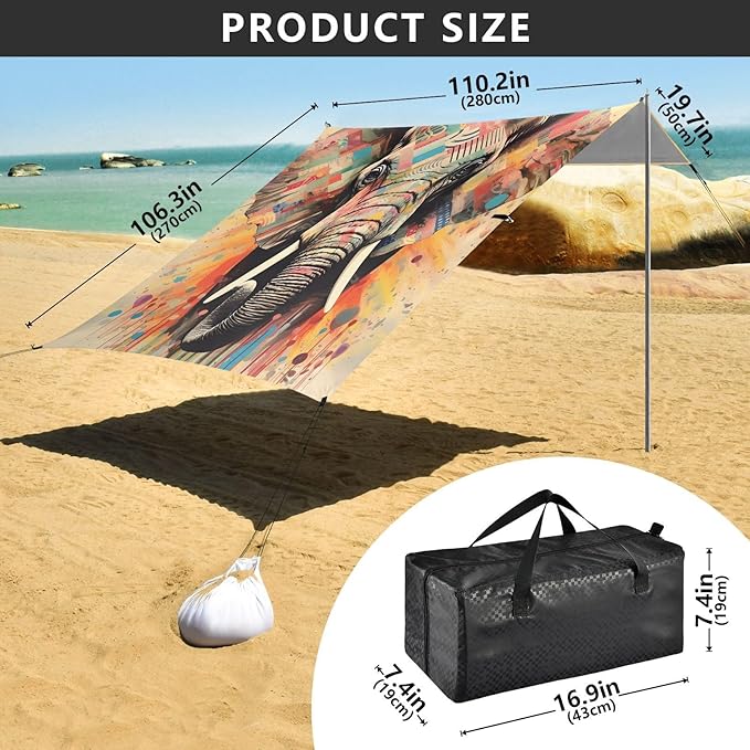 Beach Tent Sun Shelter Elephant Colored Checkered Lines Lightweight &amp Easy Setup Beach Shade Canopy for Camping Fishing