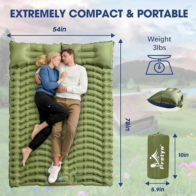 Double Sleeping Pad for Camping - Ultralight Camping Mattress with Pillow Built-in Foot Pump Compact Inflatable 2-Person Portable Mat for Backpacking Hiking Car Traveling Beach Tent