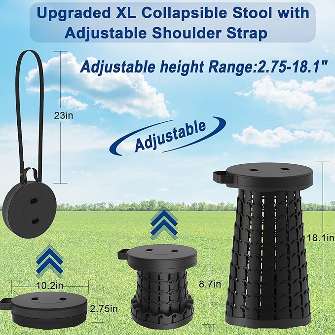 Upgraded 18.1 Collapsible Stool with Adjustable StrapLightweight Folding StoolLoad Capacity 600lbsRetractable Camping Stool Portable Folding Chair or Travel Footrest for Outdoor Fishing Hiking BBQ