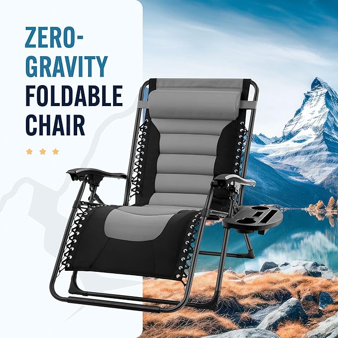 Trapper's Peak Padded Zero Gravity Chair with Removable Pillow and Side Table Grey/Black