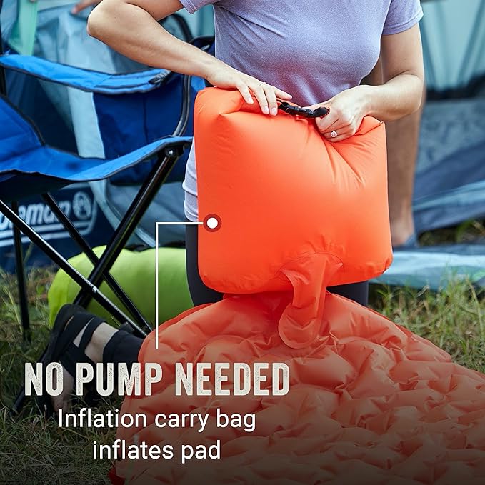 Coleman Kompact Inflatable Camp Sleeping Pad with Built-in Air Valve and Included Carry Bag No Pump Needed Textured Grip Bottom Keeps Pad in Place Premium/Basic