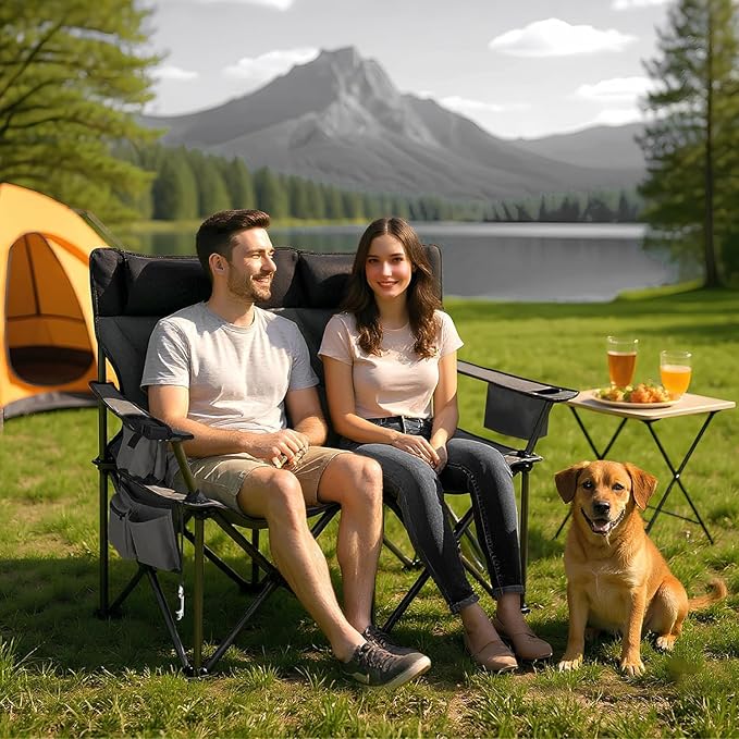 Double Camping Chair with High Back Heavy Duty Folding Loveseat with Pillow&amp Storage Bag for 900lbs Capacity Oversized 2-Person Folding Camp Chair Double Seat for Soccer Games Beach Travel Outd