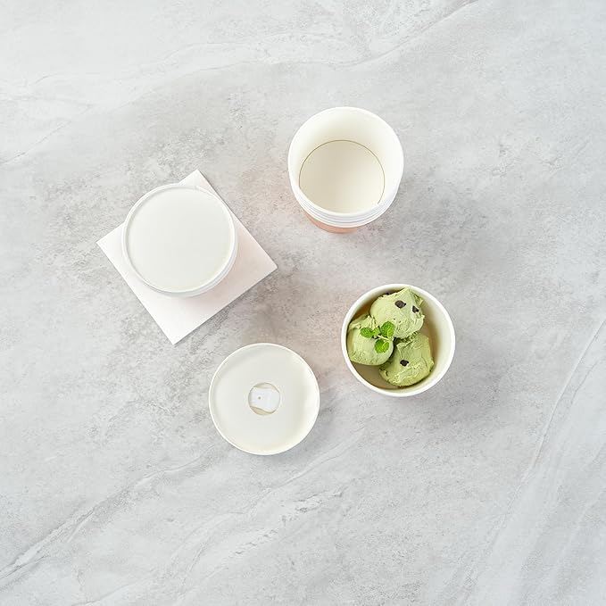 Restaurantware LIDS ONLY: Coppetta 3.82 x 0.63 Inch To Go Cup Lids 200 Durable Ice Cream Cup Lid - With Plastic Spoon For Hot &amp Cold Foods White Paper Disposable Lid For Dessert Cups