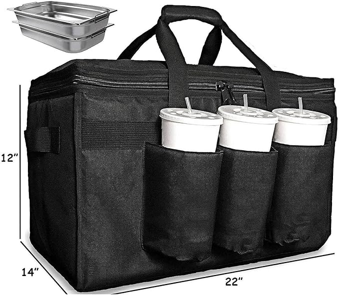 1 PCS Food Delivery Bag Black with Cup Holders/Drink Carriers Great for Beverages Grocery Pizza Commercial Quality Hot and Cold
