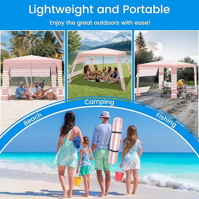 MoKo Beach Cabana 8'×8' Large Beach Canopy with Side Wall UPF 50+ Protection Easy Setup Beach Tent Sun Shelter Adjustable Height Wind Resistant Cabana Beach Tent for Whole Family Pink Stripe