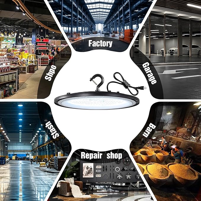 150W LED High Bay Lights with US Plug 21000LM High Bay LED Shop Light 5000K Daylight IP65 Waterproof UFO Commercial Warehouse Workshop Factory Barn Garage Lighting 4 Pack