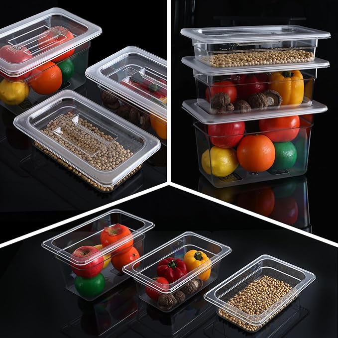 6 Pack 1/4 Size 6'' Deep Clear Food Pans with Lids Commercial Food Pans Polycarbonate Transparent Food Storage Containers Stackable Plastic Pan with Capacity Scale Restaurant Supplies Hotel Pan