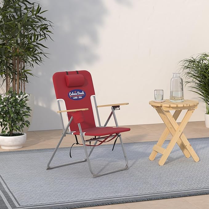 Cabana Beach Folding Beach Chair 4 Position Portable Backpack Foldable Camping Accessories with Headrest Cup Holder and Wooden Armrests Tango Red