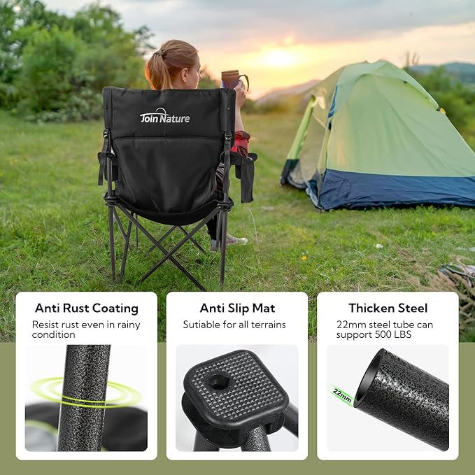 Folding Camping Chairs for Adults Padded Folding Chairs for Outside Heavy Duty with Cup Holders &amp Side Pocket Support up to 500 lbs Black