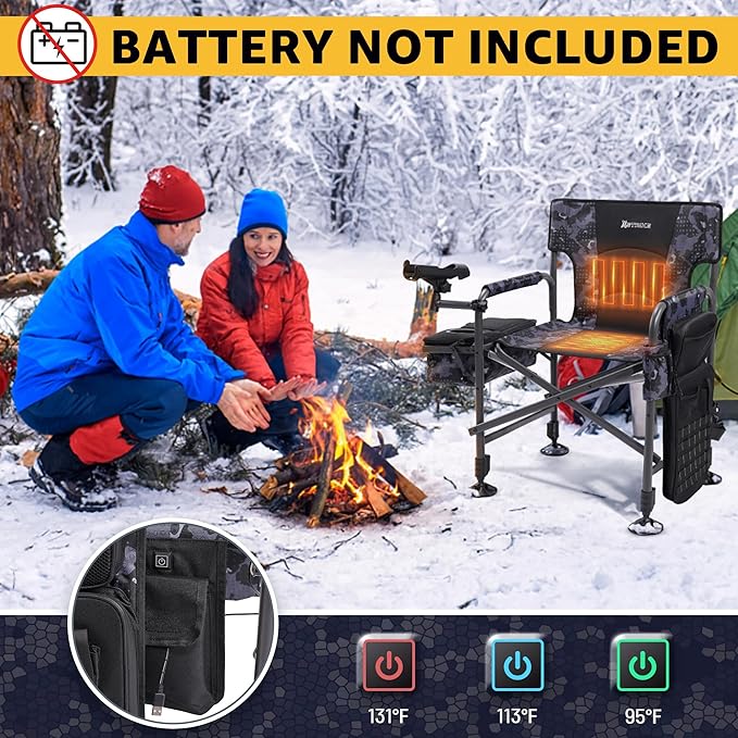 X Strike Heated Fishing Chair with Rod Holder Cooler Bag Storage Bag Shoulder Strap and Adjustable Feet 350LBS Heavy Duty Folding Ice Fishing Chair for Adults Outdoor Camping (Battery Not Included)