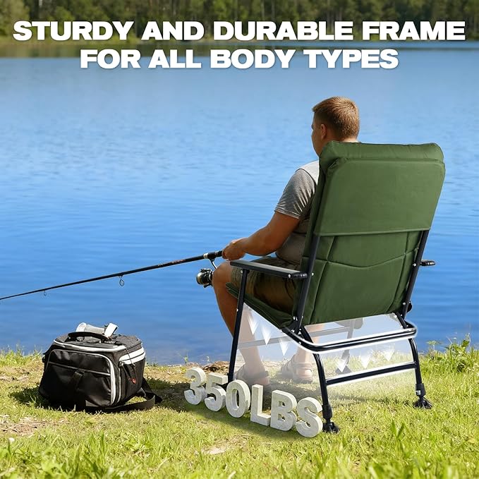 X Strike Oversized Folding Fishing Chair with Rod Holder Heavy Duty 350LBS Feet Adjustable Padded Camping Chair with Cup Holder Side Pocket Hard Armrest