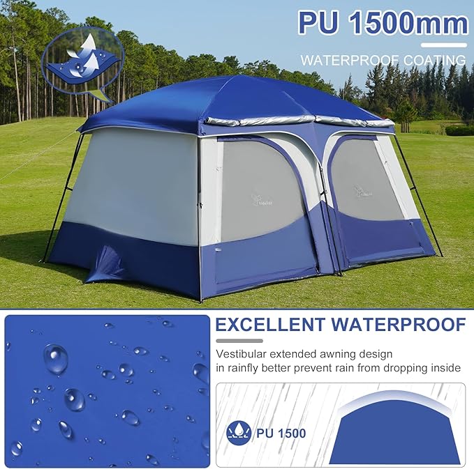Vidalido Tents6-8 Person Camping Tent with Extended Vestibule2 Room Weather Resistant Family TentsEasy Install Waterproof Outdoor Tent for Backpacking and Camping Hiking