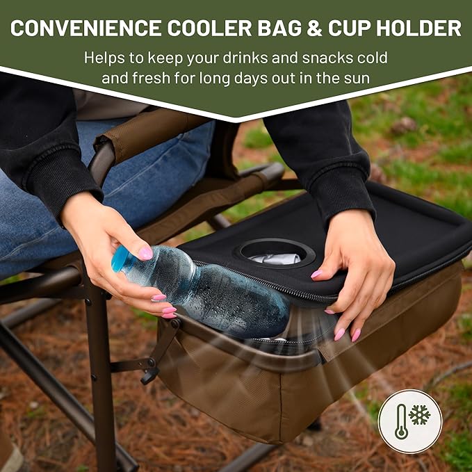 TIMBER RIDGE Folding Camping Chair with Cooler Bag Director Chair Foldable with Side Table for Adults Camp Chairs for Outdoor Lawn Sports Fishing Heavy Duty Supports 300lbs Earth Brown