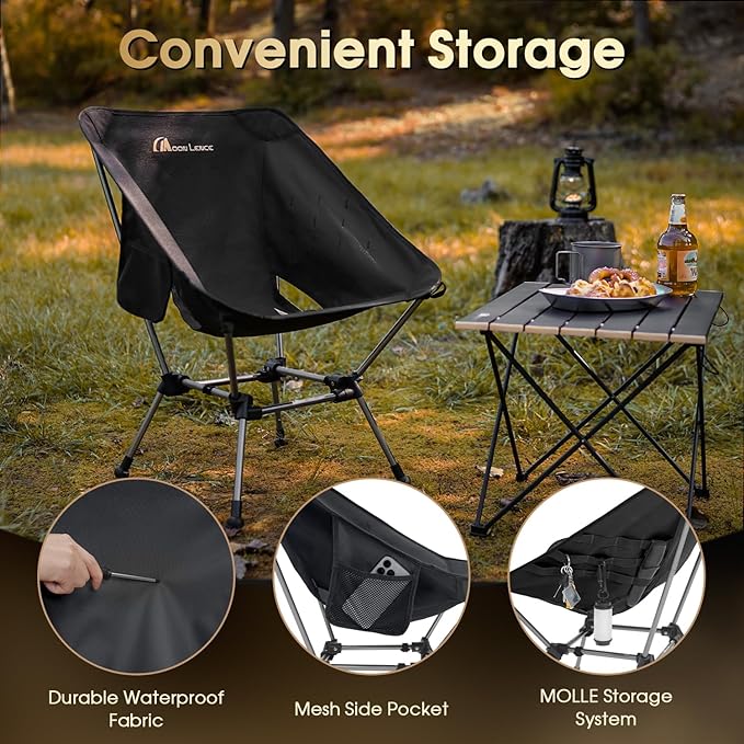 MOON LENCE Portable Camping Chair Plus Larger &amp Roomier Compact and Lightweight Still Folding Chair for Backpacking &amp Hiking 330Lbs Capacity (Black)