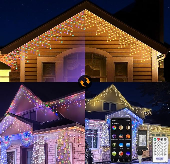 LED Icicle Lights for Outdoor Christmas Decorations49Ft 600 LEDs Color Changing Christmas Fairy LightAPP &amp Remote Control17 Lighting ModesPlug in RGB hanging Curtain Lights for Xmas Party