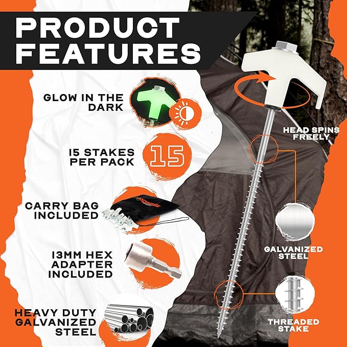 15-Pack 8 Heavy Duty Screw in Tent Stakes Drill-In Ground Anchor Pegs Includes Hex Head Driver &amp Storage Bag
