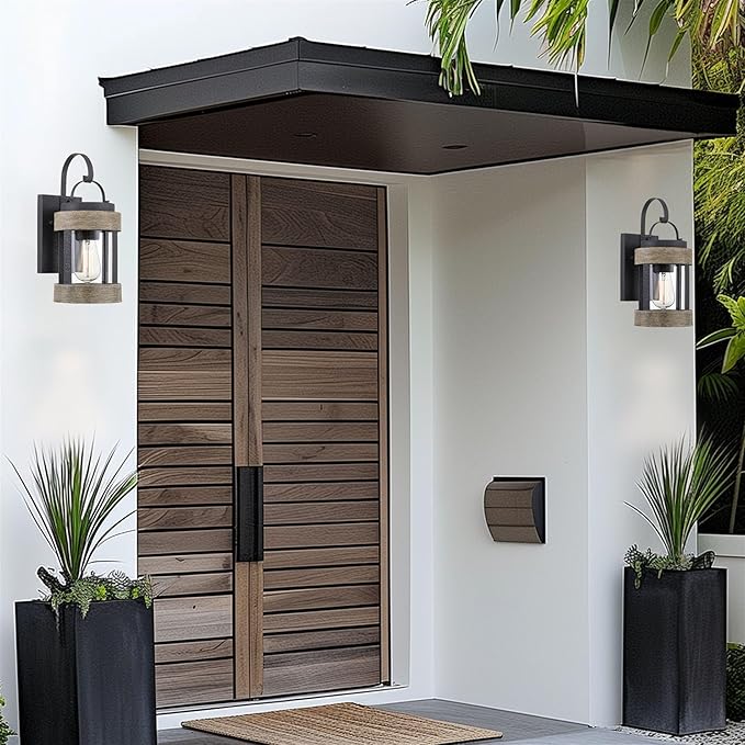 Kira Home Rochester 14 Modern Indoor Outdoor Wall Sconce + Cylinder Glass Shade Weathered Oak Wood Style + Textured Black Finish