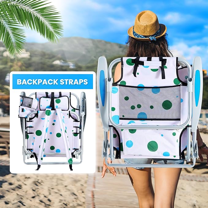 2 Pack Lightweight Portable Camping Beach Chair for Adults Lay Flat Folding Beach Chairs with 5 Positions Backpack Beach Chair with Towel Bar Zipper Pouch Cup Holder Geometric Circle