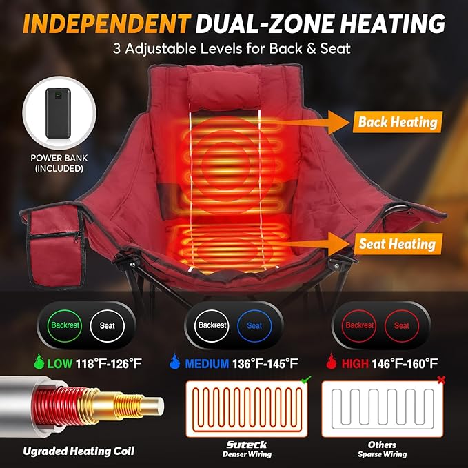 Suteck Heated Rocking Camping Chair - Oversized Heated Camping Chair W/20000mAh Power Bank &amp Carry Bag Fully Padded Heated Chairs for Outdoor Sports W/3 Heat Levels for Back &amp Seat Lawn Picn