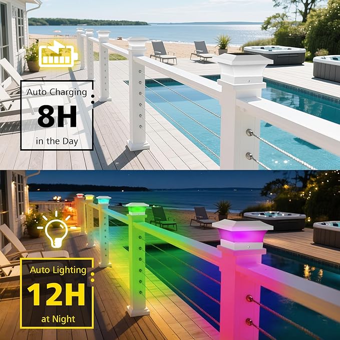 T-SUN 4X4 Post Solar Lights Outdoor Waterproof RGB Color Changing Light for 4X4 5X5 6X6 Wood/Vinyl/Fence Posts Deck Solar Post Lights for Patio Garden Decor or Fence(White Shape-2 Pack)