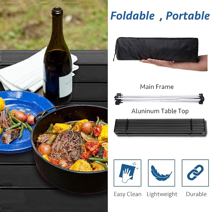 Grope Portable Camping Table with Aluminum Table Top Folding Beach Table Easy to Carry Prefect for Outdoor Picnic BBQ Cooking Festival Beach Home (Black-L)