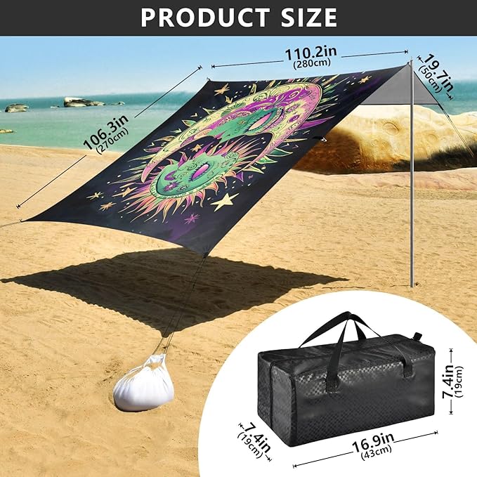 ALAZA Moon Stars Alchemy Beach Tent Sun Shelter UPF50+ Protection Beach Shade Canopy w/ 4 Sandbags for Outdoor Camping Fishing Backyard Fun Picnic 10x9 ft