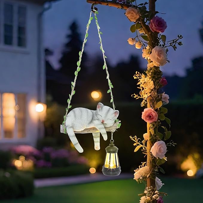Solar Lighted Garden Outdoor Statue 22.6 H Hanging Swing Lying with A Sleeping Cat and A LED Lantern Resin Animal Figurine Hanging Ornaments with Hook for Decoration &amp Gift