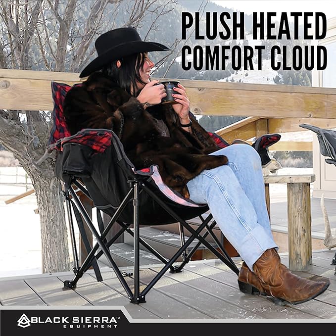Black Sierra Heated Fleece Camping Chair for Adults Oversized Outdoor Seat with Plush Padding Supports 400lbs Cup Holders and Carry Bag Heavy Duty Folding Chair for Tailgating or Patio