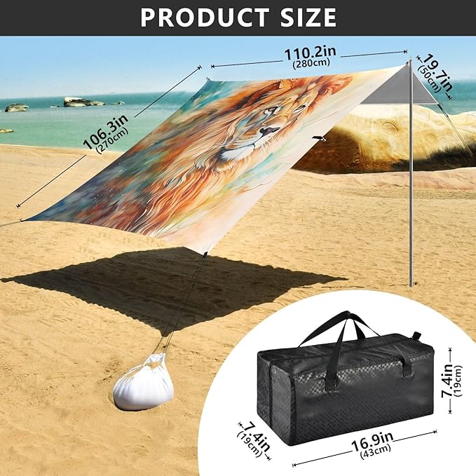 ALAZA Watercolor Lion Beach Tent Sun Shelter UPF50+ Protection Beach Shade Canopy w/ 4 Sandbags for Outdoor Camping Fishing Backyard Fun Picnic 10x9 ft