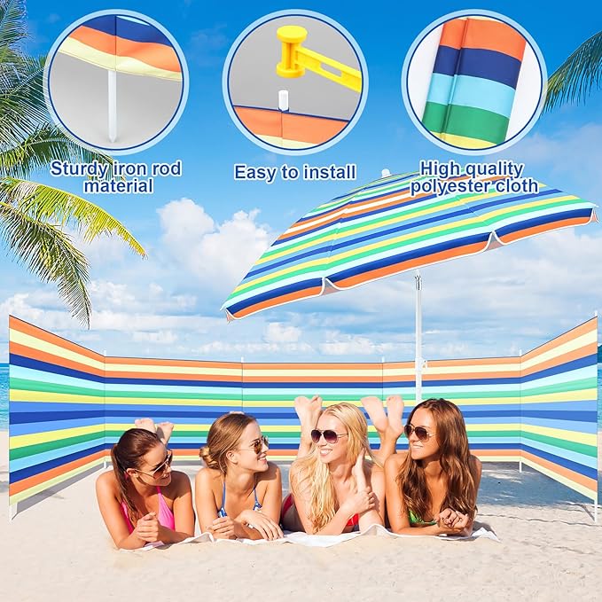 Sliner 20ft Beach Windscreen Kit with Adjustable Beach Umbrella Outdoor and Sand Anchor Wind Blocker for Sand Portable Windscreen Sunbathing Privacy Screen with Bag and Hammer Rainbow Stripe