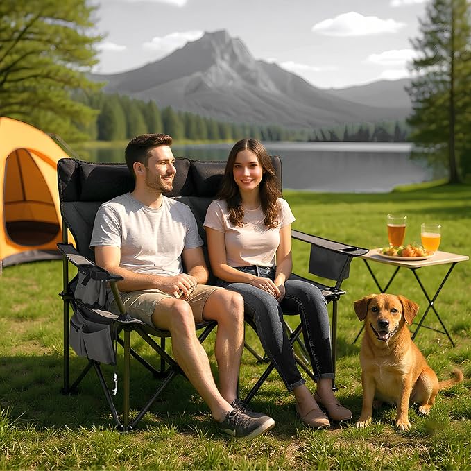 Oversized Double Camping Chairs Heavy Duty Padded Loveseat Chair - 900 LBS Support for Adult - Comfortable Camping Chair with High Back &amp Pillow
