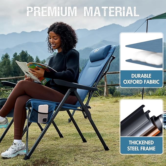 Portal Reclining Camping Chair with Adjustable Back Folding Camp Recliner for Adults Portable High Back Oversized 350LBS (Blue)