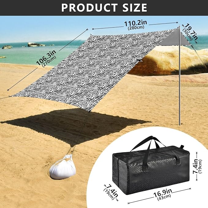 ALAZA Tiger Skin Print Beach Tent Sun Shelter UPF50+ Protection Beach Shade Canopy w/ 4 Sandbags for Outdoor Camping Fishing Backyard Fun Picnic 10x9 ft