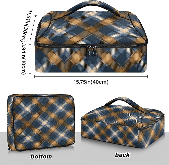 Casserole Carrier Pattern Blue Brown Tartan Plaid Insulated Casserole Carrier for Hot or Cold Food Thermal Lunch Tote for Parties Picnic Travel Carry Bag