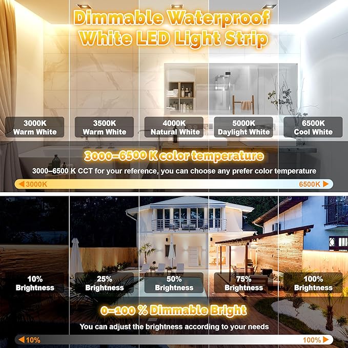 100FT Outdoor LED Strip Lights Waterproof IP67 Dimmable 3000K-6500K Warm White LED Rope Lights Outdoor Waterproof with Remote &amp APP 24v Adhesive Exterior Lighting for Patio Deck Gazebo