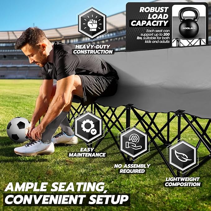 Flexzion Portable Folding Bench Seat 6 Seater Collapsible Soccer Bench Portable Bench Seats for Bleachers Camping Sideline with Back Rest and Carrying Bag Gray
