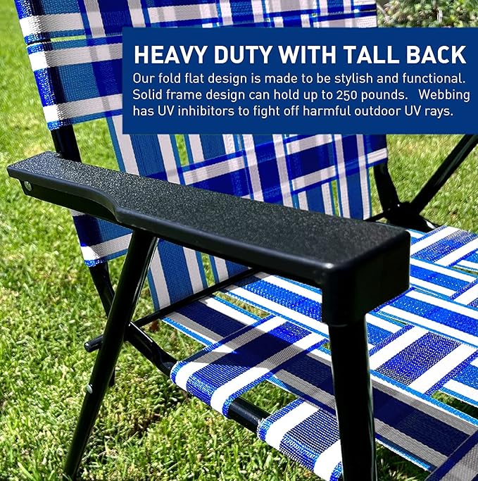 Lawn Chair Folding Steel Webbing Chaise Patio Lounger Seat Wood Handles Great for Camping Beach Fishing Backyard Stadium Pool Boating and Sports 4 Pack Blue