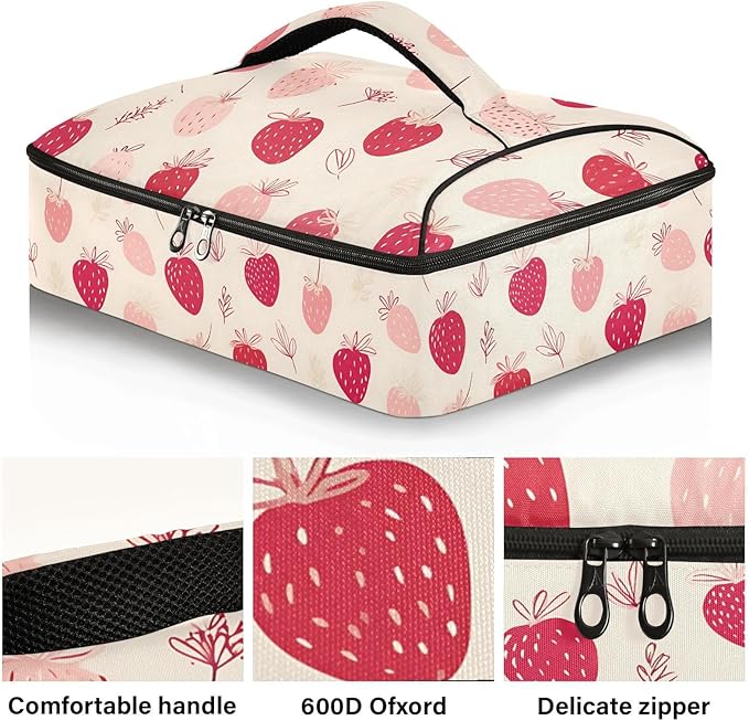 Casserole Carrier Hand-drawn StrawberriesInsulated Casserole Carrier for Hot or Cold Food Thermal Lunch Tote for Potluck Parties Picnic Beach Fits 9 x 13 Inches Baking Dish